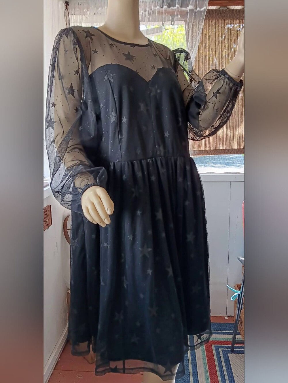 torrid Black Star-Print Sheer Long-Sleeve Dress